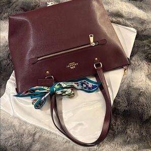 Coach Maroon Plum Leather Tote with Floral Scarf Station Bag